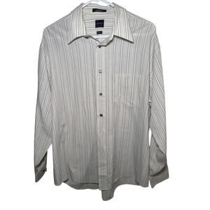 Arrow USA 1851 Men Dress Shirt 16–16.5 L White Gray Stripe Wrinkle-Free Button